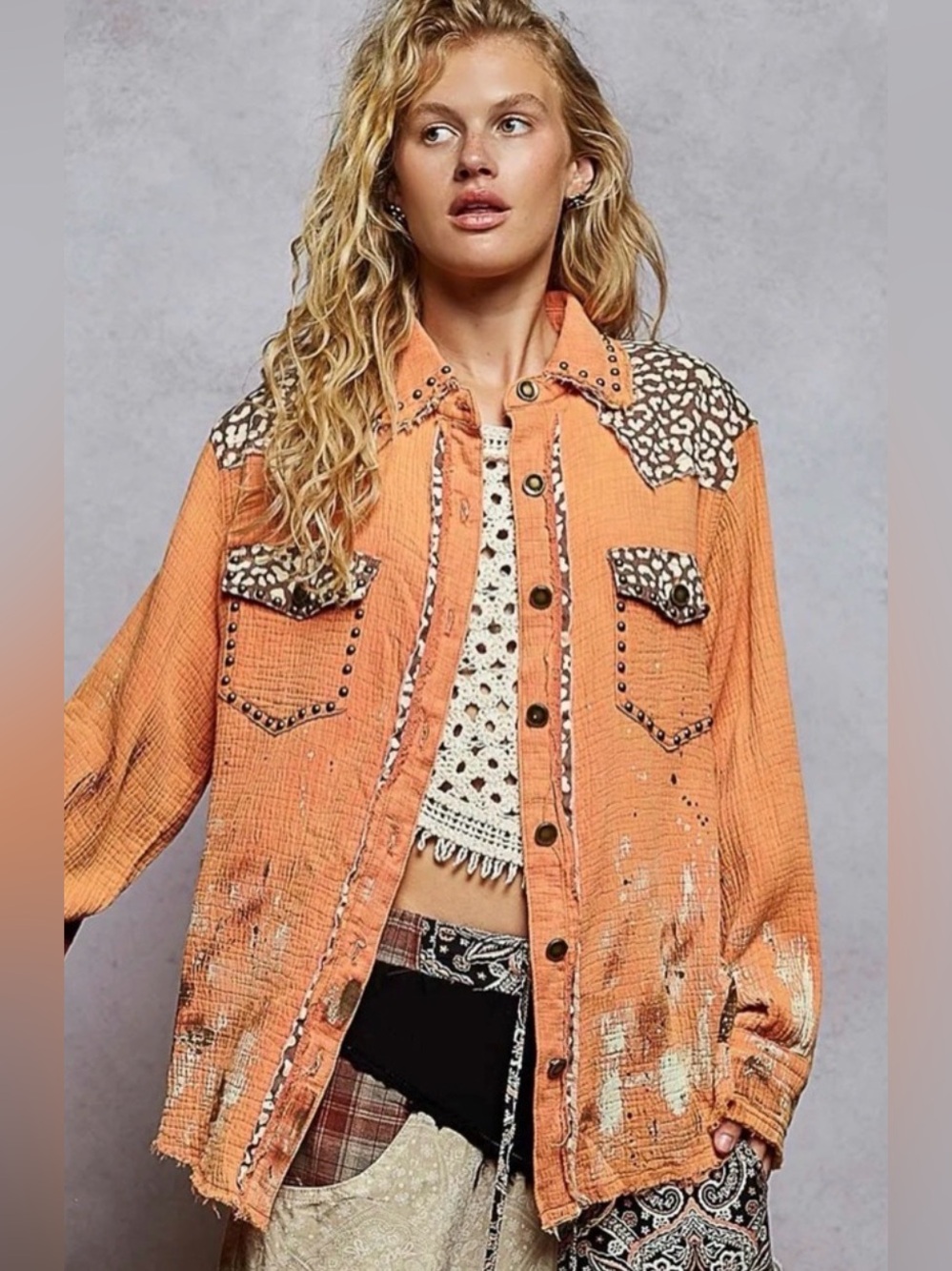 POL Boho Orange Distressed Button-Up Shirt Jacket